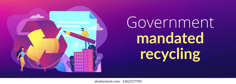 Specialists writing new mandatory recycling laws for country. Government mandated recycling, ecological regulations, local recycling laws concept. Header or footer banner template with copy space.