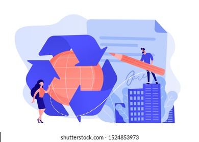 Specialists writing new mandatory recycling laws for country. Government mandated recycling, ecological regulations, local recycling laws concept. Pinkish coral bluevector isolated illustration