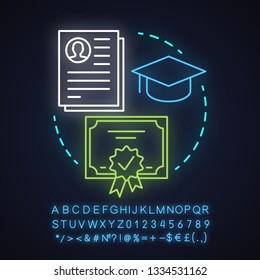 Specialization neon light concept icon. Certificates idea. College, university diploma. Education documents. Glowing sign with alphabet, numbers and symbols. Vector isolated illustration