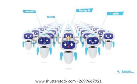 Specialized artificial intelligence workforce vector concept with cute robots for legal, financial, and therapy tasks. Future automation and robotics technology group illustration.