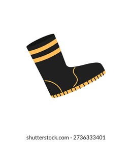 Specialized black protective boot with yellow stripes used to protect firefighter during firefighting. Vector illustration sign
