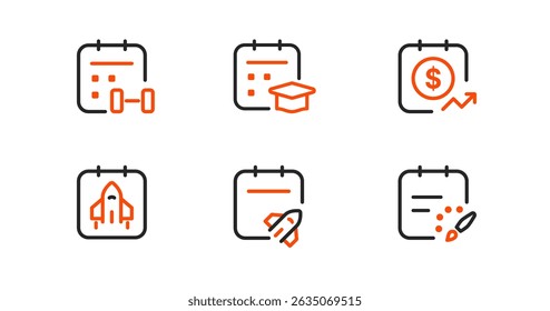 Specialized calendar icon set: fitness, academic, sales target, project kick-off, and creative planning. Perfect for diverse scheduling apps and business tools.