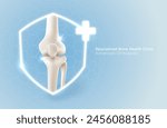 Specialized clinic for bone and knee health or care. Symbol of medical services It has a shield and plus symbol consisting of a straight leg bone on a background.  vector illustration file template.