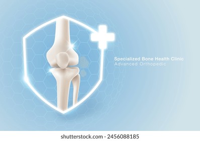 Specialized clinic for bone and knee health or care. Symbol of medical services It has a shield and plus symbol consisting of a straight leg bone on a background.  vector illustration file template.