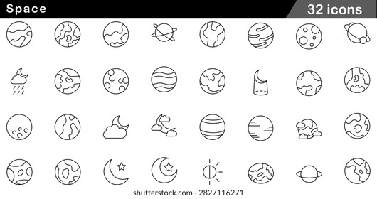 A specialized collection of 32 space vector graphics designed in a sleek linear black outline format. This astronomy and cosmic weather set highlights various celestial bodies and night sky elements, including ringed planets like Saturn, craters on the moon, Earth globes, crescent moons with stars, cloudy night skies, meteor rain, and planetary orbits. Drafted with uniform line precision on a plain backdrop, these versatile graphic assets blend seamlessly into science educational apps, astronomy websites, weather forecast interfaces, space exploration blogs, and sci-fi graphic layouts.