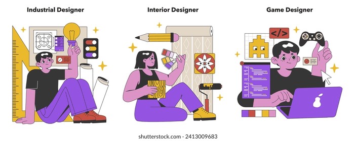 Specialized Design Fields set. A fusion of industrial, interior, and game design, where innovation meets aesthetics to shape user experiences. Flat vector illustration.