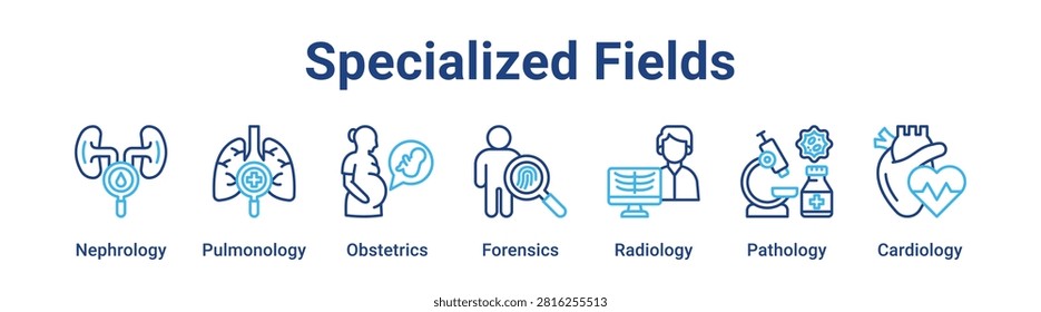 Specialized Fields web banner icon vector illustration concept for medical with icon of Nephrology, Pulmonology, Obstetrics, Forensics, Radiology.