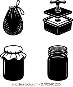 Specialized food preparation tools including straining bag, cheese press, decorative covered jar, and jar with mesh top.