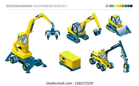 SPECIALIZED MACHINERY. ISOMETRIC VECTOR SET. 
