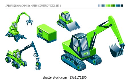 SPECIALIZED MACHINERY. ISOMETRIC VECTOR SET. 