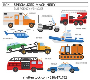 Specialized machines, emergency vehicles colour vector icon set isolated on white. Illustration