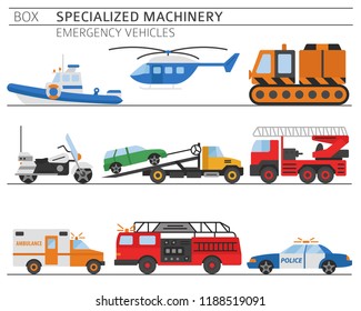 Specialized machines, emergency vehicles colour vector icon set isolated on white. Illustration