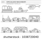 Specialized machines, emergency vehicles linear vector icon set isolated on white. Illustration