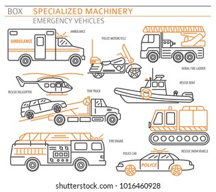 Specialized machines, emergency vehicles linear vector icon set isolated on white. Illustration