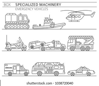 Specialized machines, emergency vehicles linear vector icon set isolated on white. Illustration