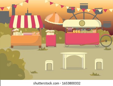 Specialized Mobile Food Stand for Preparing and Selling Street Fast Food. Hot Dog Carts, Plastic Tables and Chairs for Customers in Local Park. Nice Spot to Have Bite on Go. Quick and Easy Services.