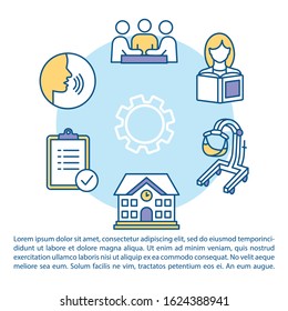 Specialized training program concept icon with text. Inclusive education. Exams preparation classes. PPT page vector template. Brochure, magazine, booklet design element with linear illustrations