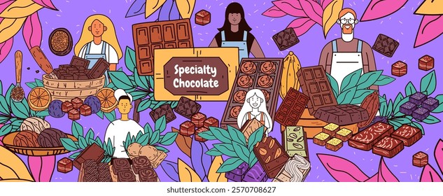 Specialty chocolate artisans cacao beans leaves colorful scene with diverse chocolatiers cocoa pods and assorted chocolate bars on a vibrant purple background