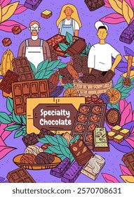 Specialty chocolate artisans crafting diverse treats colorful cocoa beans leaves chefs vibrant background dessert creation