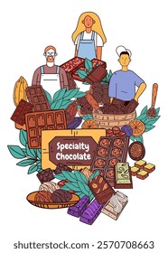 Specialty chocolate artisans surrounded by cocoa products leaves and vibrant sweets in a colorful arrangement. Perfect for food-related designs