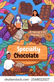 Specialty chocolate assortment with diverse people surrounded by various chocolates nuts leaves and vibrant colors. Perfect for banners or ads