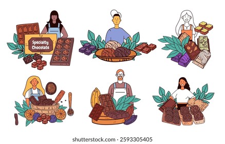 Specialty chocolate variety people holding cacao desserts leaves colorful designs sweets collection