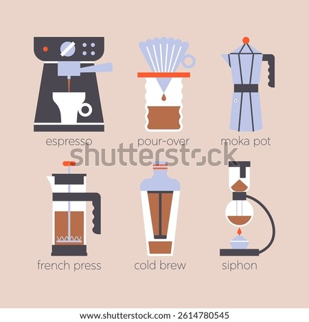 Specialty coffee brewing methods infographic. Flat vector illustration of coffee makers. Instruction of preparation caffeine drink with temperature, roasting and grind parameters.
