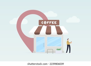 Specialty coffee to go location. Man standing next to coffee grab-and-go cafeteria point and drinking take away coffee from a paper cup. Vector illustration