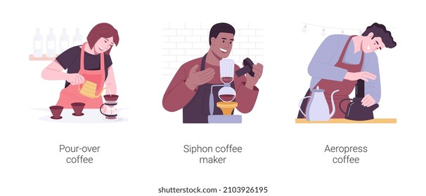 Specialty coffee isolated cartoon vector illustration set. Professional barista making pour-over, siphon maker device, third wave, aeropress coffee, alternative brewing method vector cartoon.