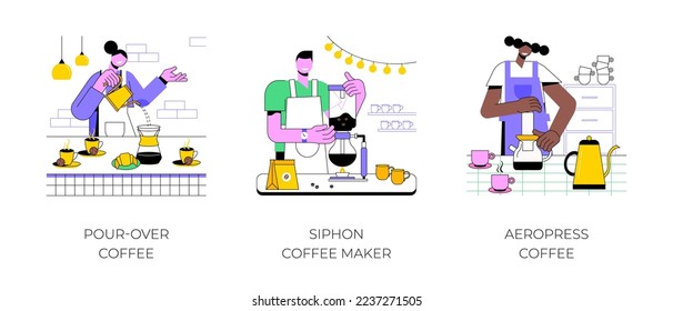 Specialty coffee isolated cartoon vector illustrations set. Professional barista making pour-over, siphon maker device, third wave, aeropress coffee, alternative brewing method vector cartoon.