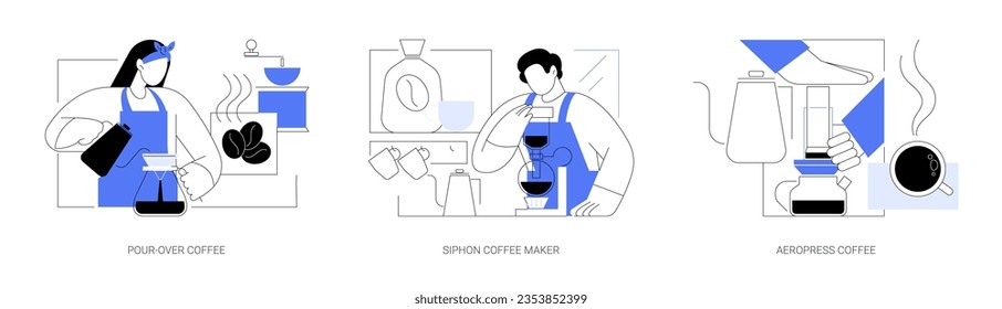 Spezialkaffee einzeln Cartoon Vektorgrafiken Set. Professionelle Barista-Herstellung, Siphon-Maker-Gerät, dritte Welle, Aeropresenkaffee, alternative Biermethode Vektorgrafik.