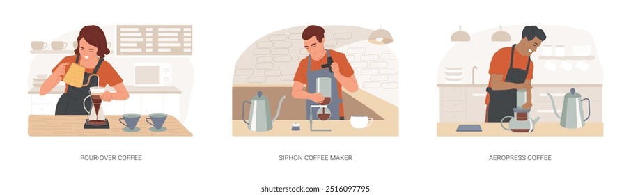 café especial isolado desenhos animados vetor ilustrações conjunto. Barista profissional fazendo derramamento-over, dispositivo fabricante de sifão, terceira onda, café aeropress, método alternativo de fabricação de desenhos animados vetoriais.