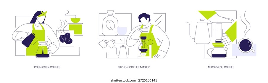 Specialty coffee isolated cartoon vector illustrations set. Professional barista making pour-over, siphon maker device, third wave, aeropress coffee, alternative brewing method vector cartoon.