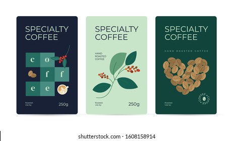 Specialty coffee packaging design concept. Set of labels for hand roasted beans. Vector illustrations with cappuccino, branch of plant and heart shaped coffee beans. Mockup for pack, ad, presentation.