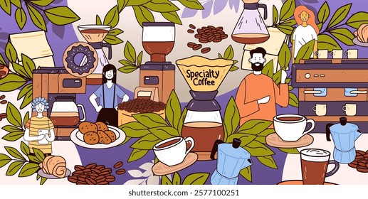 Specialty coffee shop scene with baristas colorful coffee equipment beans leaves pastries cheerful atmosphere cafe decor