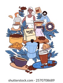 Specialty coffee shop scene diverse people brewing. Characters enjoying coffee with beans pastries and brewing tools surrounded by leaves. Perfect for cafe website design