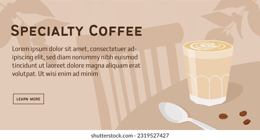 Specialty Coffee web banner with glass of milk latte, coffee beans and teaspoon. Horizontal poster with cafe scene and cappuccino. Vintage coffee shop template design. Vector flat illustration.