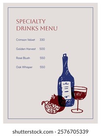 Specialty drinks menu template. Wine bottle. Glass. Pomegranate illustration. Minimalist typographic layout. Elegant border. Festive vintage style. Isolated vector illustration.