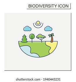 Species diversity color icon.Describe diversity of living species. Included insects,animals,plants,fungi.Differentiation in ecosystem.Biodiversity concept. Isolated vector illustration