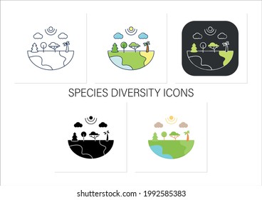 Species diversity icons set.Describe diversity of living species. Included insects,animals,plants,fungi.Collection of icons in linear, filled, color styles.Isolated vector illustrations 