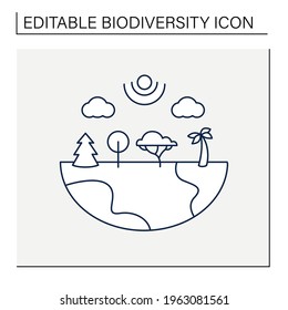 Species diversity line icon.Describe diversity of living species. Included insects,animals,plants,fungi.Differentiation in ecosystem.Biodiversity concept. Isolated vector illustration.Editable stroke