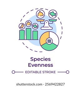 Species evenness multi color concept icon. Biodiversity measurement. Balanced species distribution in ecosystem. Round shape line illustration. Abstract idea. Graphic design. Easy to use in article