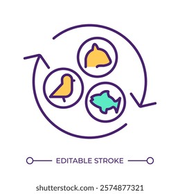 Species interconnection RGB color icon. Natural food chain. Ecological systems. Continuous cycle. Fish, birds and mammals. Isolated vector illustration. Simple filled line drawing. Editable stroke