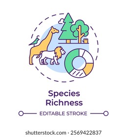 Species richness multi color concept icon. Biodiversity measurement. Diverse animals within ecosystem. Round shape line illustration. Abstract idea. Graphic design. Easy to use in article