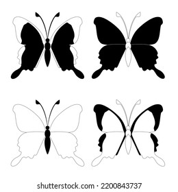 Species set, black and white butterfly insects, flat style.