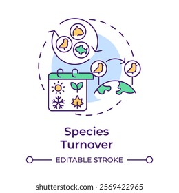 Species turnover multi color concept icon. Biodiversity measurement. Arriving and departing from ecosystem. Round shape line illustration. Abstract idea. Graphic design. Easy to use in article