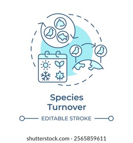 Species turnover soft blue concept icon. Biodiversity measurement. Arriving and departing from ecosystem. Round shape line illustration. Abstract idea. Graphic design. Easy to use in article