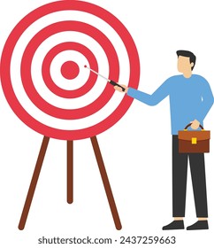 Specific aim concept, perfection or target target concept, aim or target clarification, focus or concentration on aim to win business mission, businessman pointing to bullseye archery target center.