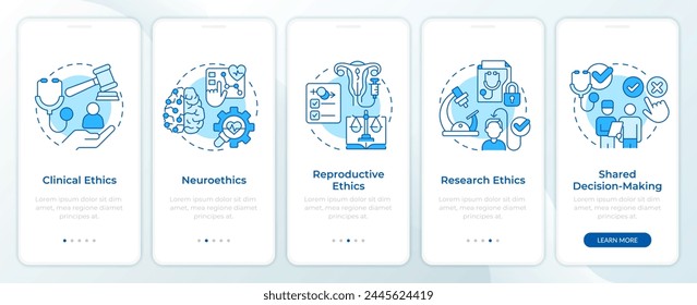 Áreas específicas dentro de la pantalla del App móvil de bioética azul onboarding. Tutorial 5 pasos: instrucciones gráficas editables con conceptos lineales. UI, UX, Plantilla GUI. Montserrat SemiBold, Fuentes regulares utilizadas