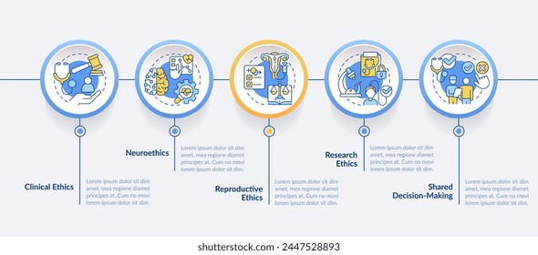 Specific areas within bioethics blue circle infographic template. Data visualization with 5 steps. Editable timeline info chart. Workflow layout with line icons. Lato-Bold, Regular fonts used